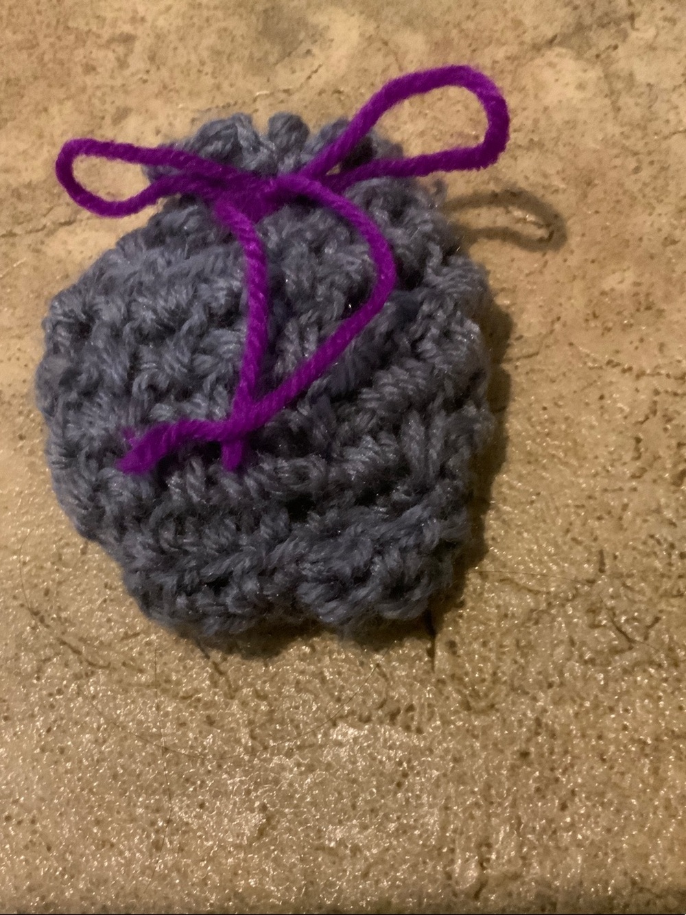 Crotcheted coin pouch-color-grey and purple-stretchy-ish
